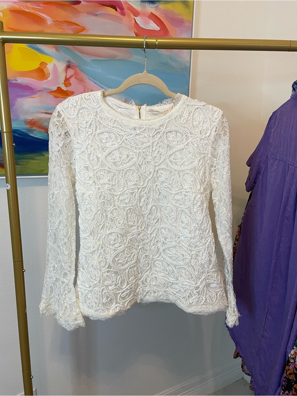 Soft Surroundings White Lace Beaded Long-Sleeve Top Petite‎ Medium